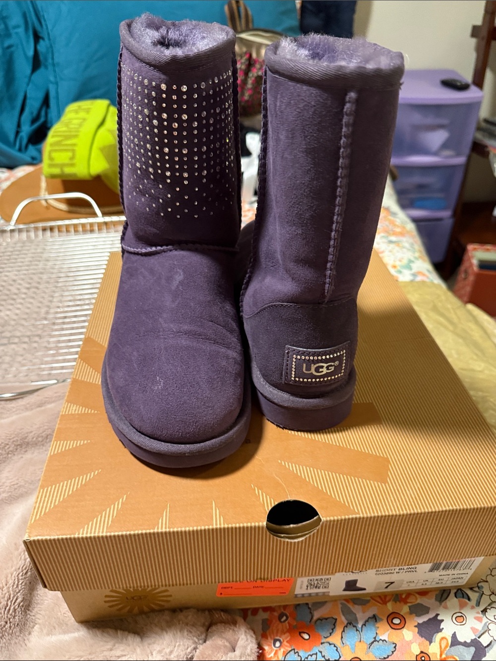 UGG Purple Short Sheepskin Boots with Crystal Studs
